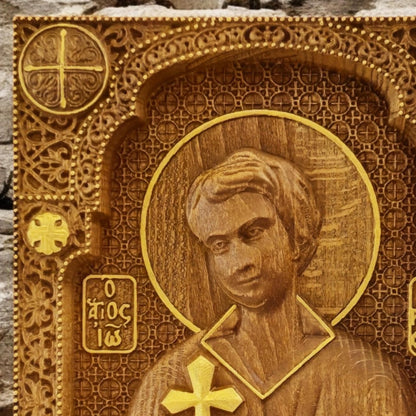 Saint John the Russian Wooden Carved Handcrafted Christian Religious Icon. Byzantine Home Wall Art Decor Gift. Orthodox Greek Woodcarving Sculpture.