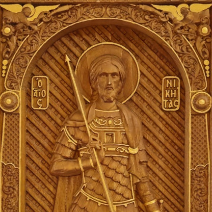 Saint Nikitas Wooden Carved Handmade Christian Icon. Byzantine Greek Orthodox Home Art Decor.