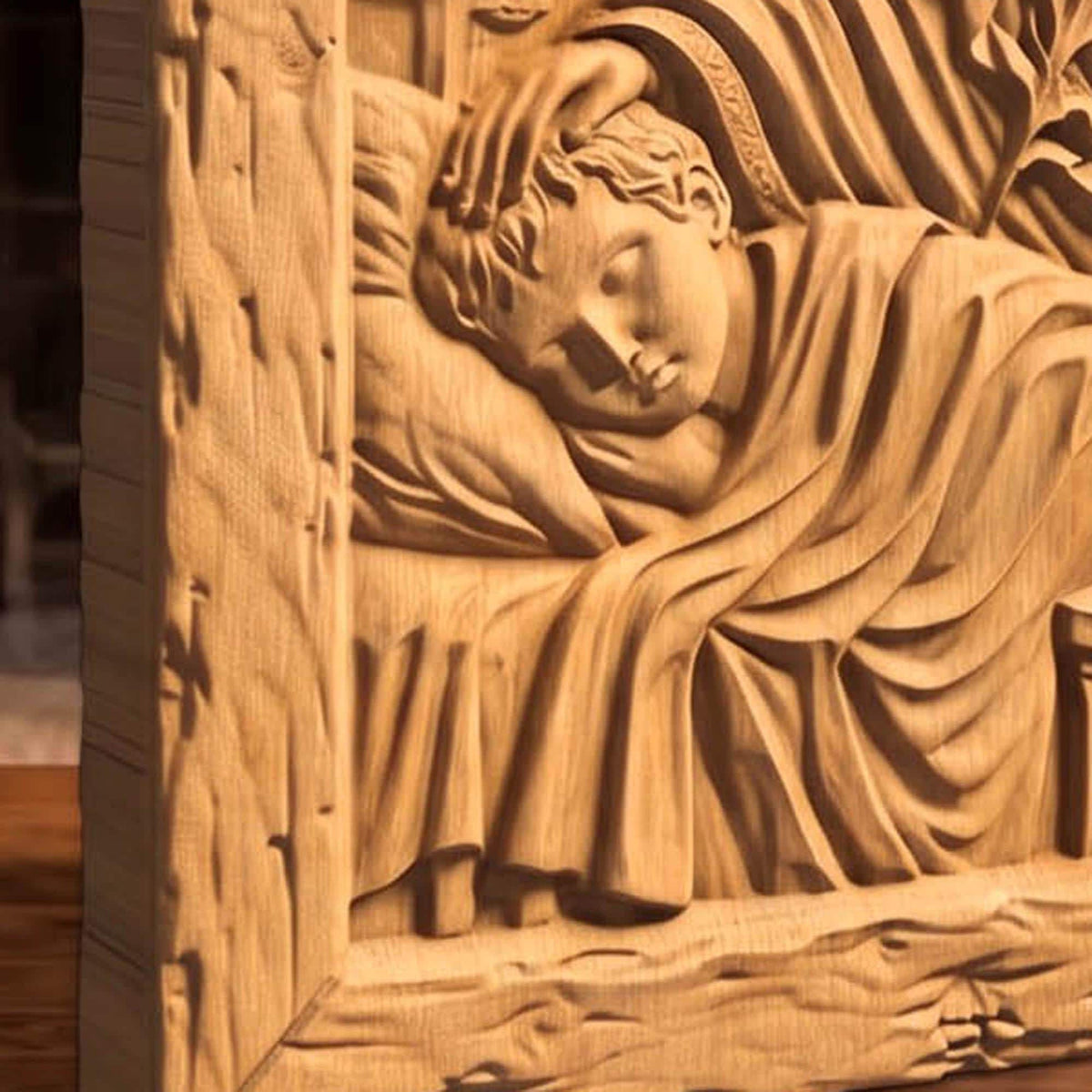 Virgin Mary Protects the Children Wooden Carved Handmade Christian Icon  Byzantine Greek Orthodox Home Decor Cretan Holy Carvings