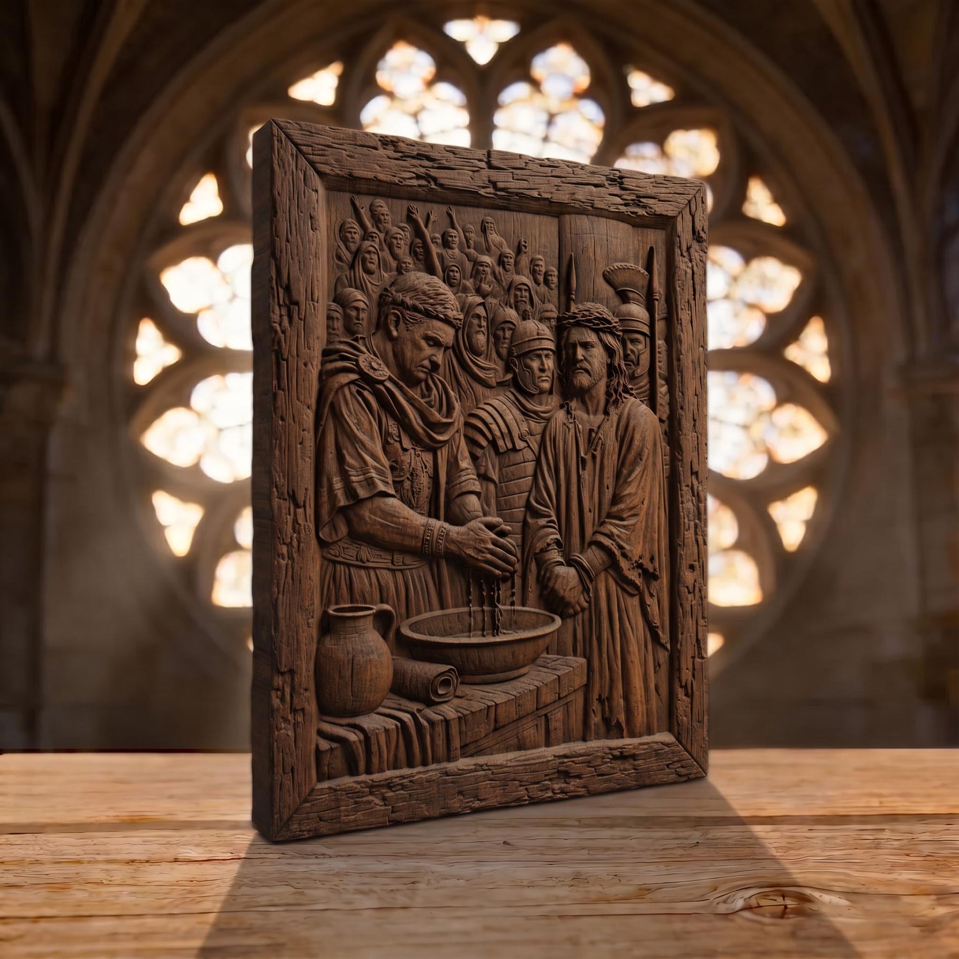 Pilate Washes his Hands of the Blood of Jesus Christ Wooden Carved Handmade Christian Icon  Byzantine Greek Orthodox Home Decor Cretan Holy Carvings