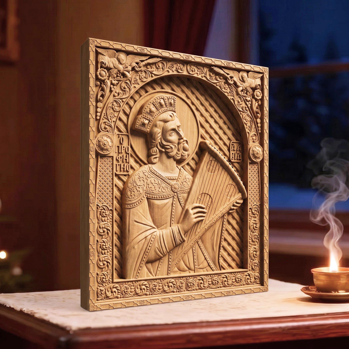 Prophet King David Wooden Carved Handmade Christian Icon | Byzantine Greek Orthodox Home Art Decor