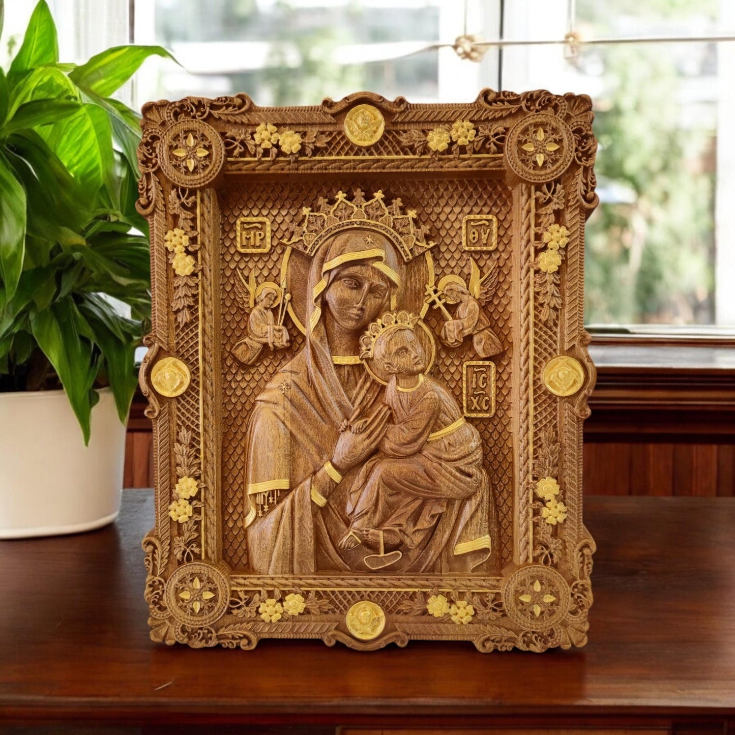 Virgin Mary of Perpetual Help Wooden Carved Handcrafted Christian Religious Icon. Byzantine Home Wall Art Decor Gift. Orthodox Greek Woodcarving Sculpture.