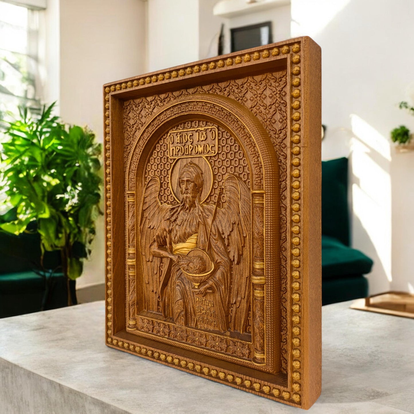 Saint John the Baptist Wooden Carved Handcrafted Christian Religious Icon. Byzantine Home Wall Art Decor Gift. Orthodox Greek Woodcarving Sculpture.