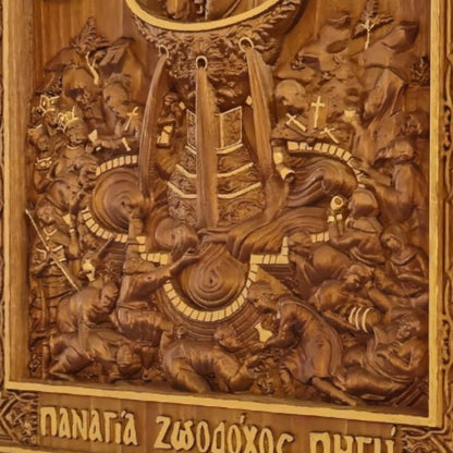 Mother of God Life-giving Spring Wooden Carved Handcrafted Christian Religious Icon. Byzantine Home Wall Art Decor Gift. Orthodox Greek Woodcarving Sculpture.
