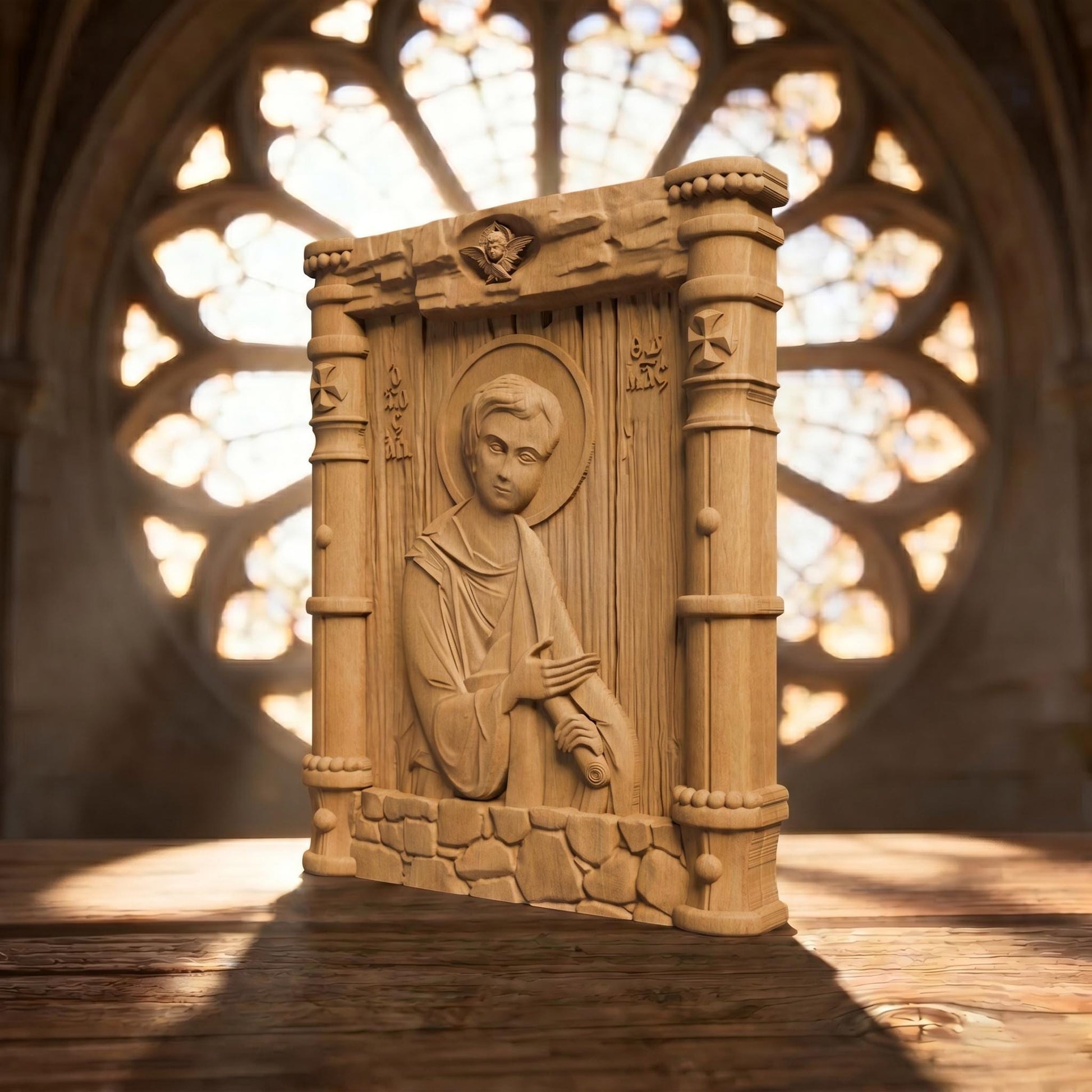 Saint Thomas the Apostle Wooden Carved Handmade Christian Icon Patron Saint of Architects and Builders Cretan Holy Carvings