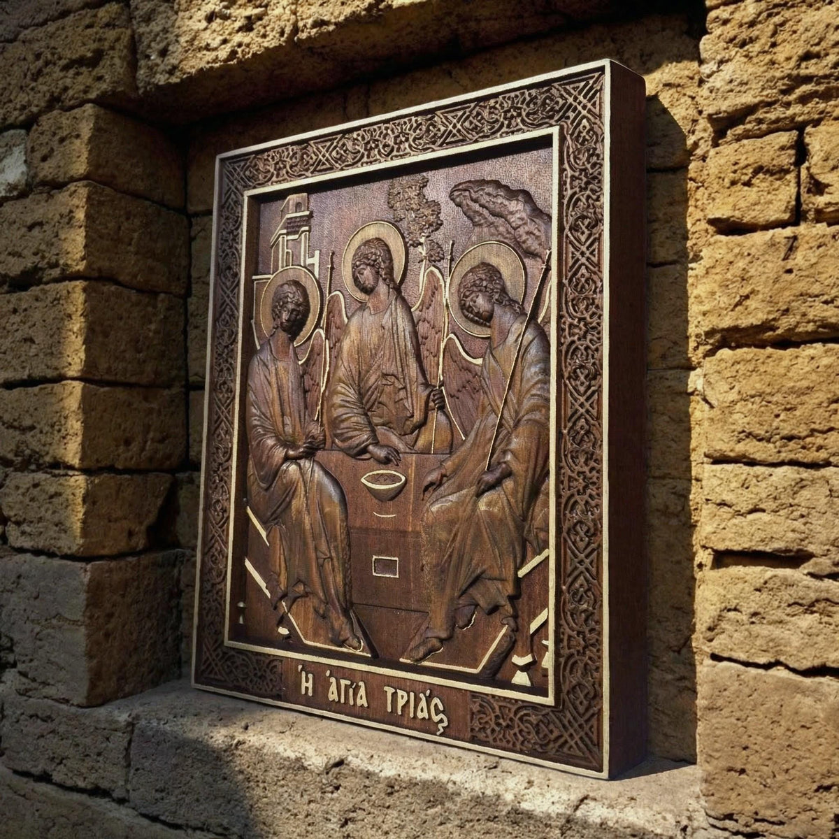 Holy Trinity Wooden Carved Handmade Christian Icon. Byzantine Greek Orthodox Home Art Decor.