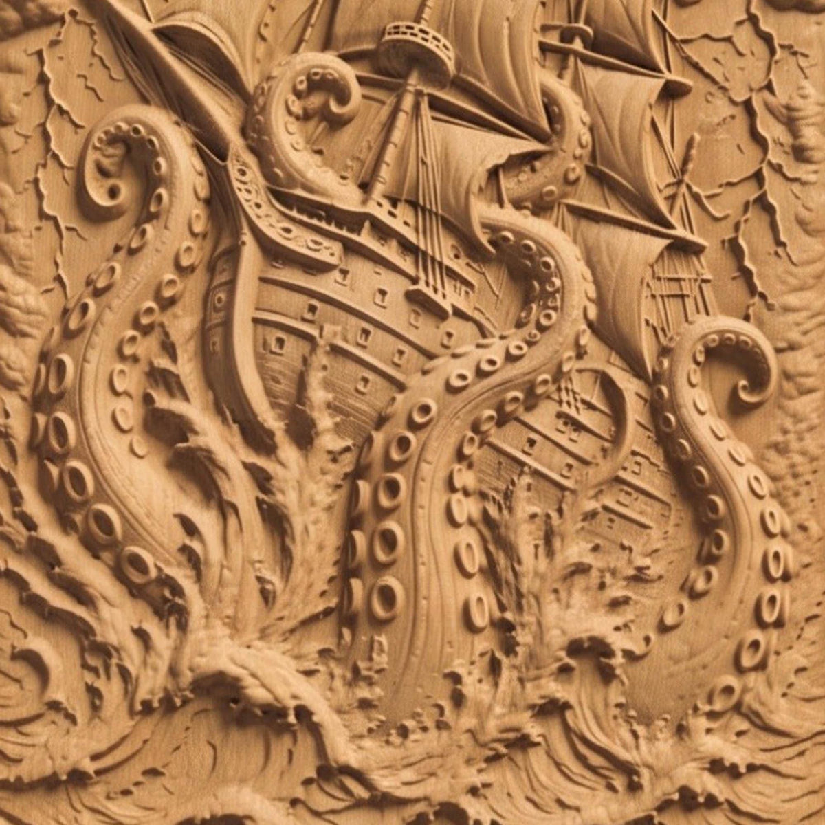 Kraken Drawing a Ship from Ancient Greek Mythology 3D Wooden Bas Relief Panel Art Sculptural Gift Idea Cretan Holy Carvings