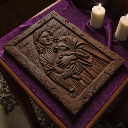 Jesus Holding Lamb Wooden Carved Handmade Christian Icon  Byzantine Greek Orthodox Home Decor Cretan Holy Carvings