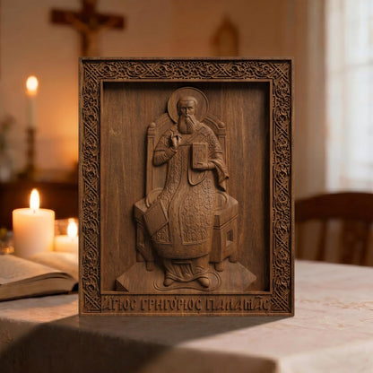 Saint Gregory Palamas Wooden Carved Handmade Christian Icon Patron Saint of Hesychasm Front Side Brown Oak Cretan Holy Carvings