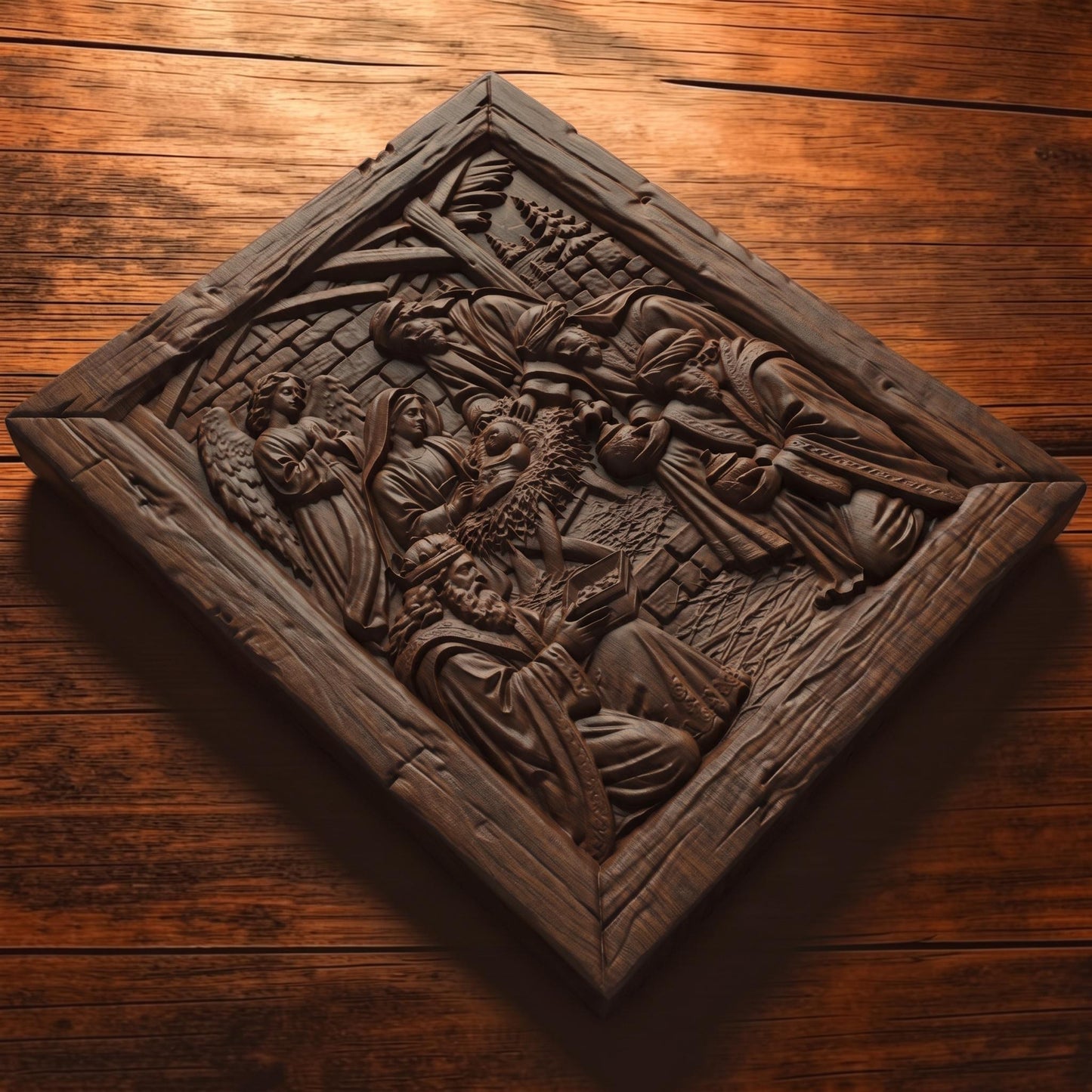 Jesus Christ and the Three Magicians Wooden Carved Handmade Christian Icon  Byzantine Greek Orthodox Home Decor Cretan Holy Carvings