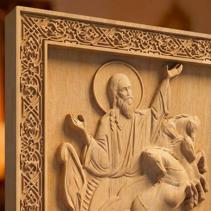 Προφητης Ηλιας Ορθόδοξη Βυζαντινη Ξυλογλυπτη Εικονα Left Side Natural Wood Color Cretan Holy Carvings