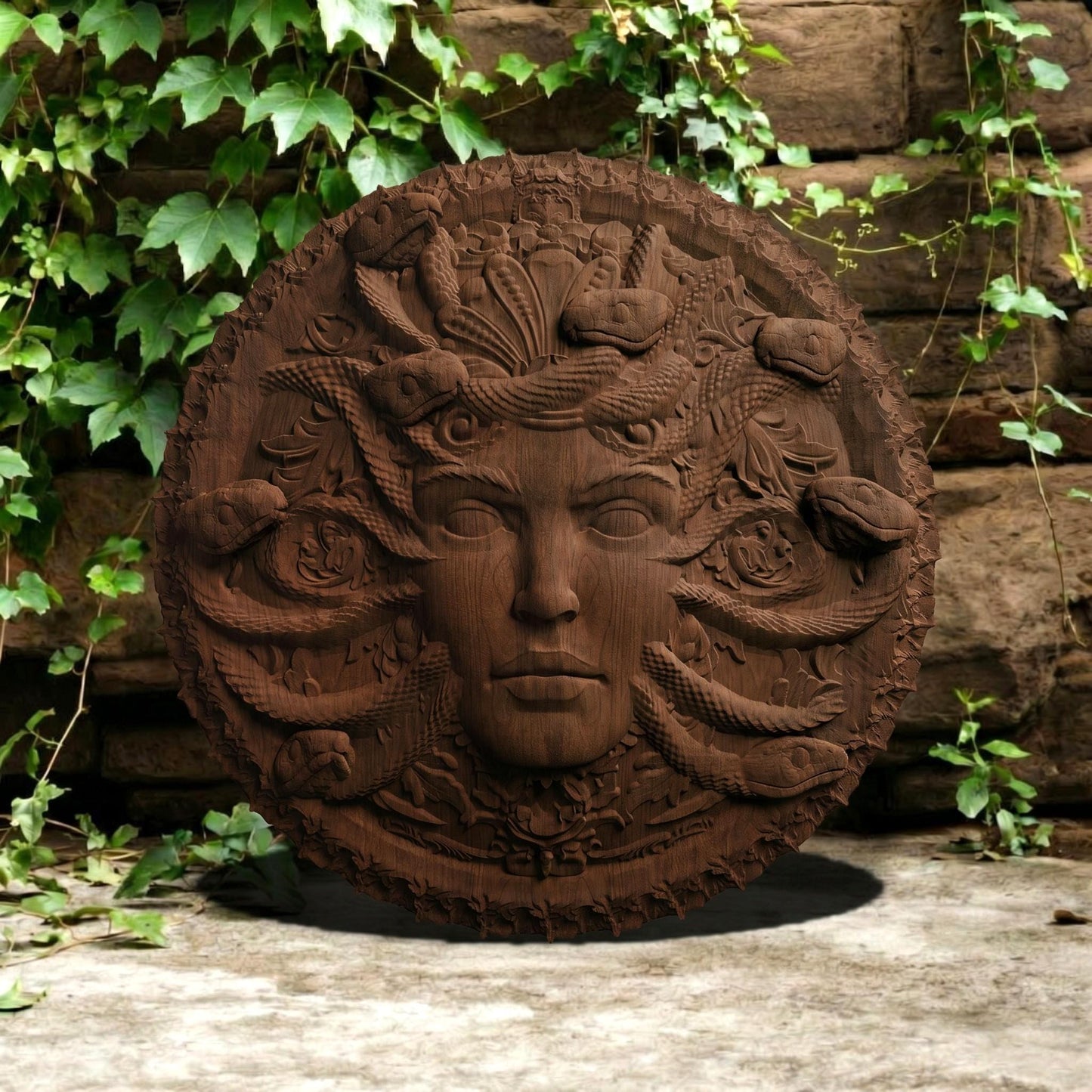 Medusa in Disk Wooden Bas Relief | Wood Panel Art | Sculptural Gift Idea