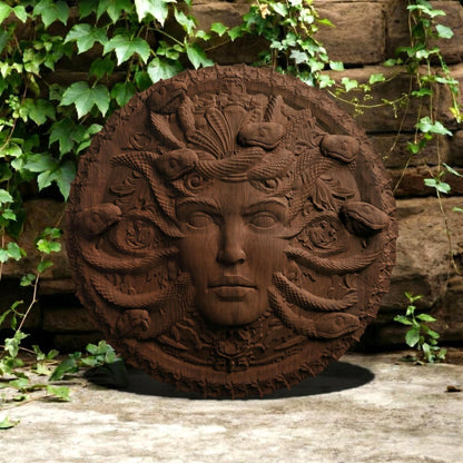 Medusa in Disk Wooden Bas Relief | Wood Panel Art | Sculptural Gift Idea