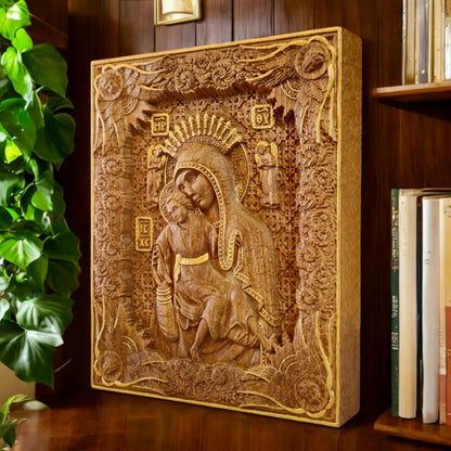 Virgin Mary Mother of God Axion Esti Wooden Carved Handmade Christian Icon. Byzantine Decor.