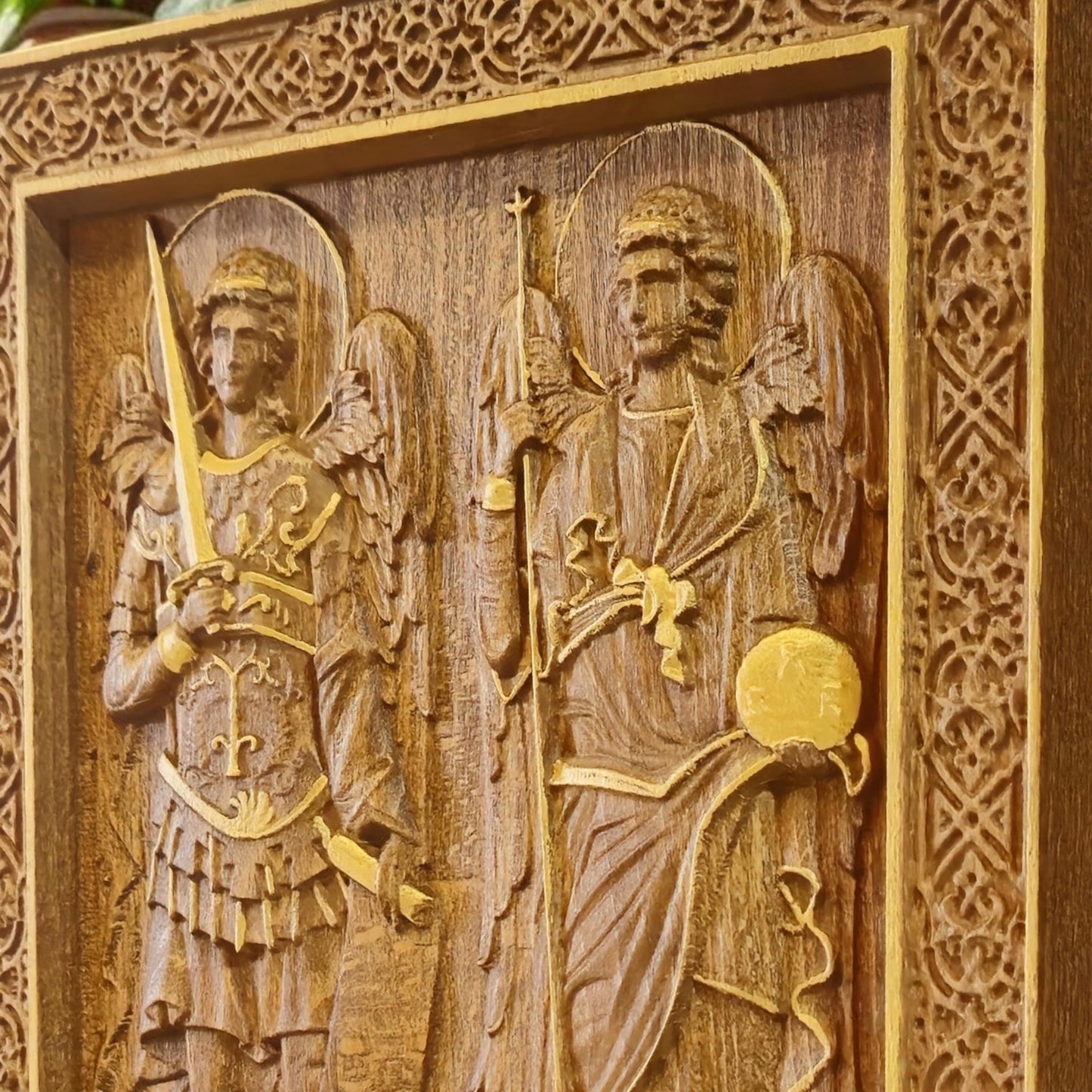 Archangels Michael and Gabriel Wooden Carved Handcrafted Christian Religious Icon. Byzantine Home Wall Art Decor Gift. Orthodox Greek Woodcarving Sculpture.