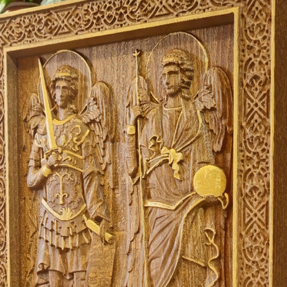 Archangels Michael and Gabriel Wooden Carved Handcrafted Christian Religious Icon. Byzantine Home Wall Art Decor Gift. Orthodox Greek Woodcarving Sculpture.