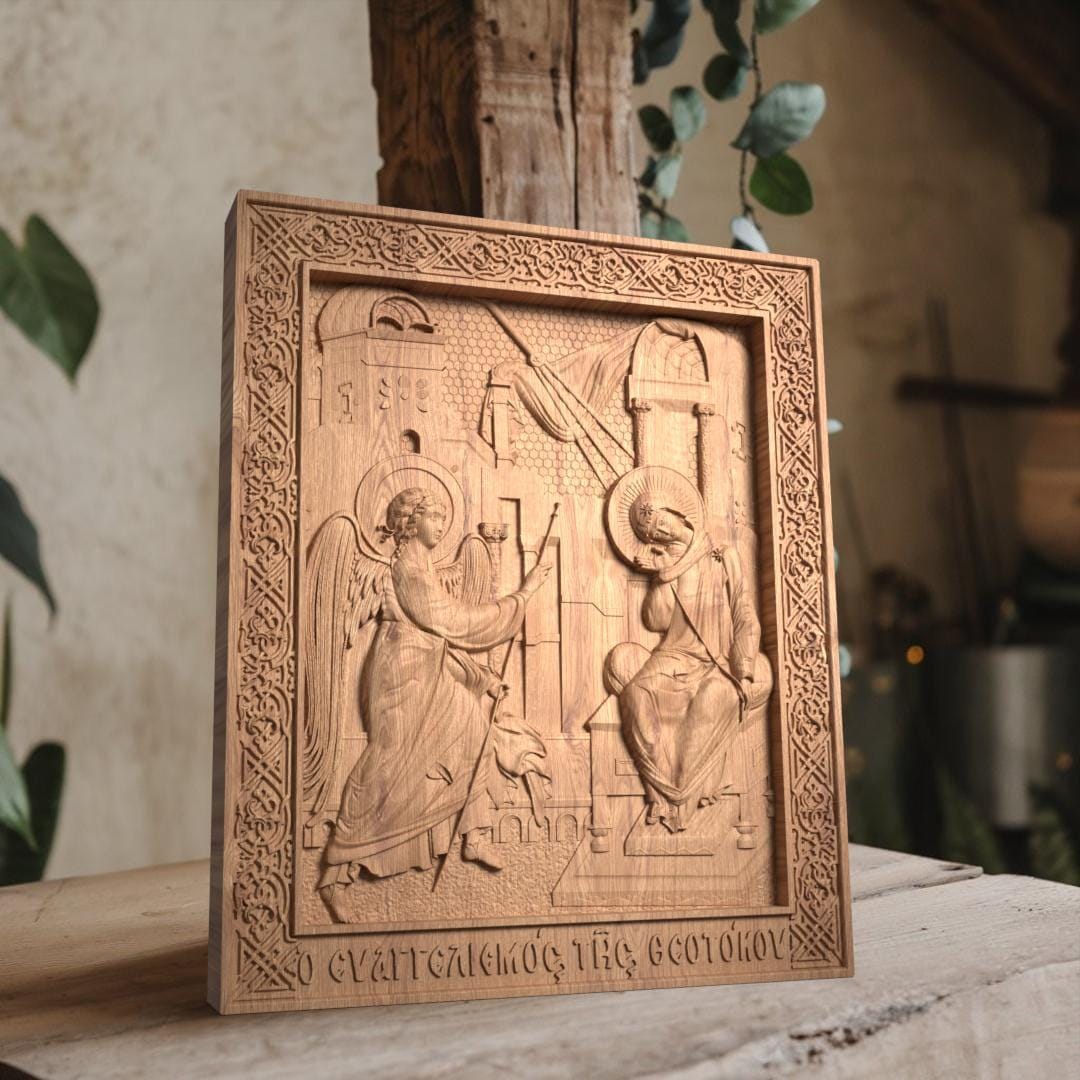 Immaculate Conception of Virgin Mary Wooden Carved Handmade Christian Icon. Byzantine Greek Orthodox Decor.