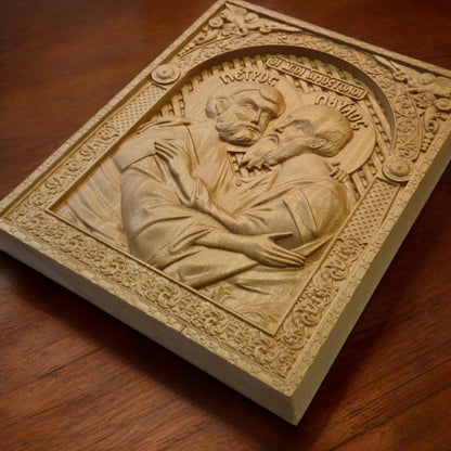 Αpostles Peter and Paul Wooden Carved Handcrafted Christian Religious Icon. Byzantine Home Wall Art Decor Gift. Orthodox Greek Woodcarving Sculpture.
