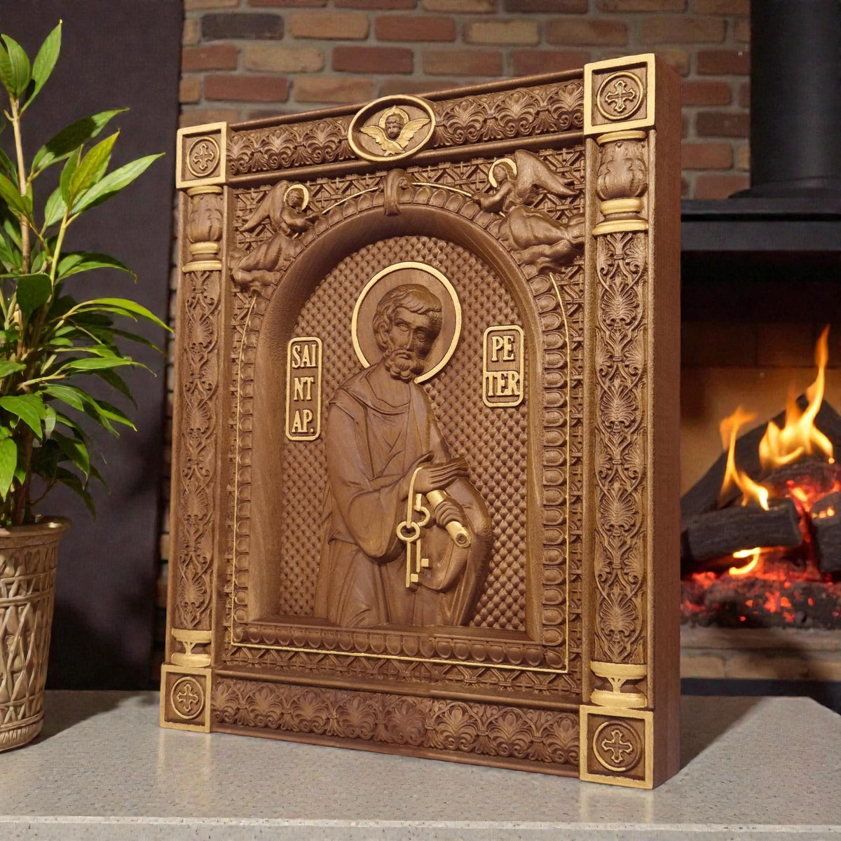 Saint Peter the Apostle Wooden Carved Handmade Christian Icon. Byzantine Greek Orthodox Home Art Decor.