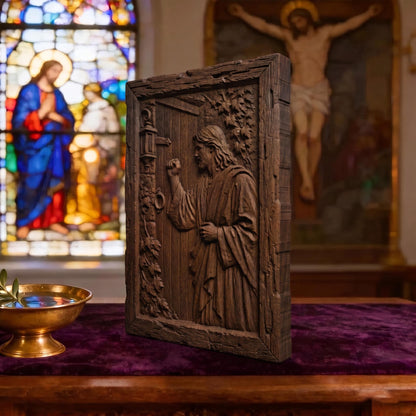 Jesus Christ Stands at the Door and Knocks Wooden Carved Handmade Christian Icon  Byzantine Greek Orthodox Home Decor Cretan Holy Carvings