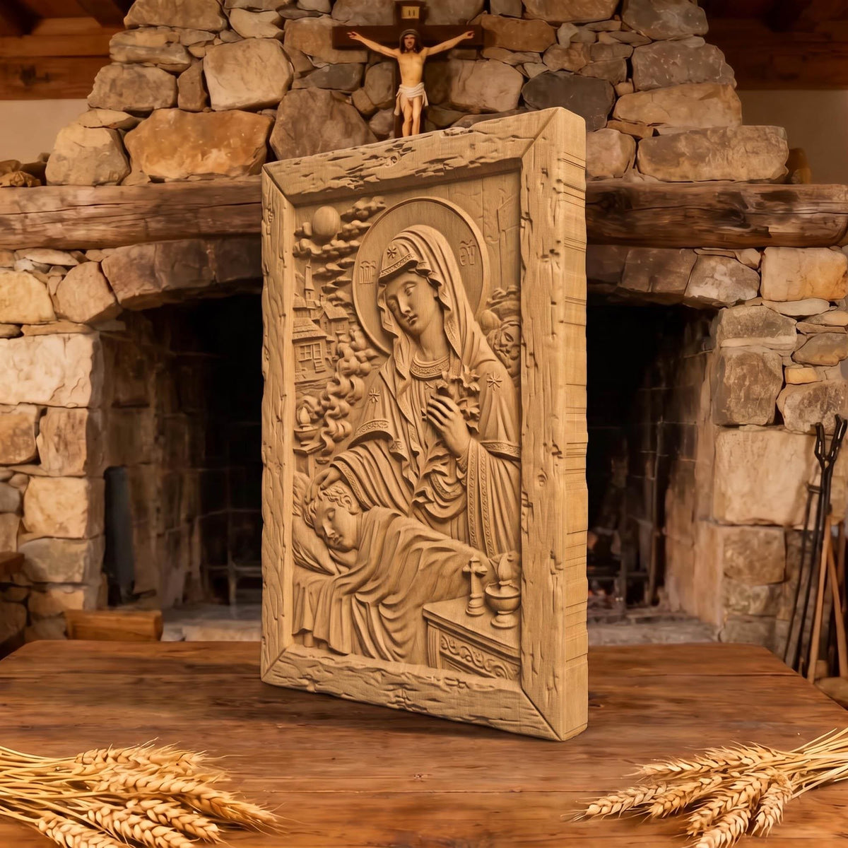 Virgin Mary Protects the Children Wooden Carved Handmade Christian Icon  Byzantine Greek Orthodox Home Decor Cretan Holy Carvings