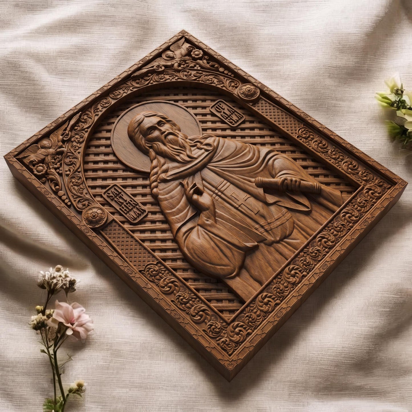 Saint Herman of Alaska Wooden Carved Handmade Christian Icon | Byzantine Greek Orthodox Home Art Decor
