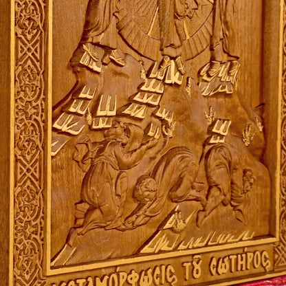 Transfiguration of Jesus Wooden Carved Handmade Christian Icon. Byzantine Greek Orthodox Home Art Decor.
