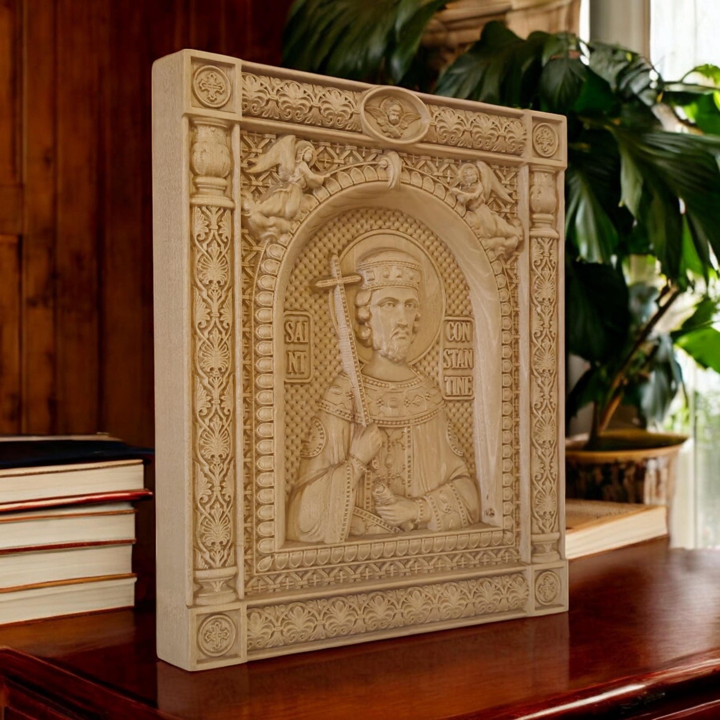 Saint Constantine Wooden Carved Handcrafted Christian Religious Icon. Byzantine Home Wall Art Decor Gift. Orthodox Greek Woodcarving Sculpture.