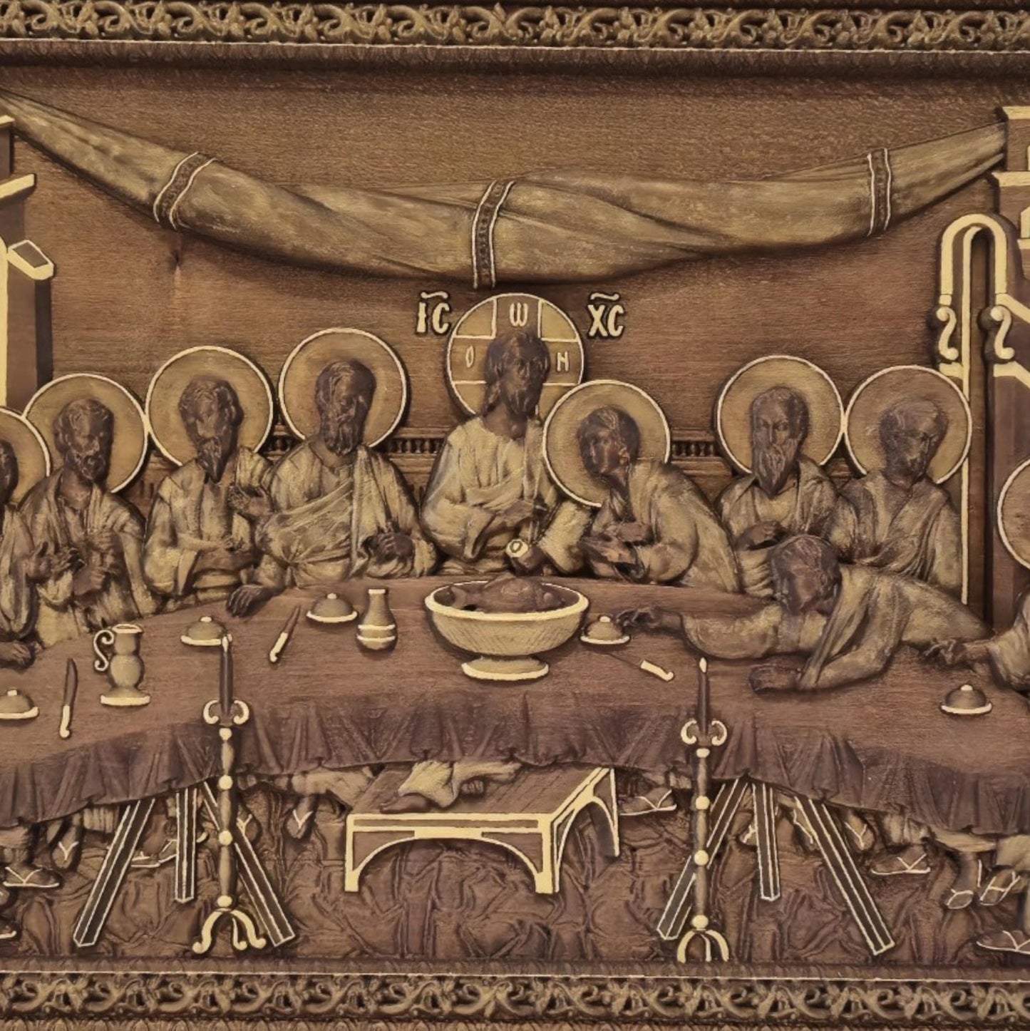 Last Supper Wooden Carved Handcrafted Christian Religious Icon. Byzantine Home Wall Art Decor Gift. Orthodox Greek Woodcarving Sculpture.