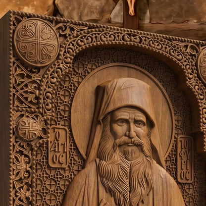 Saint Porphyrios of Kavsokalyvia Wooden Carved Handmade Christian Icon | Byzantine Greek Orthodox Home Art Decor