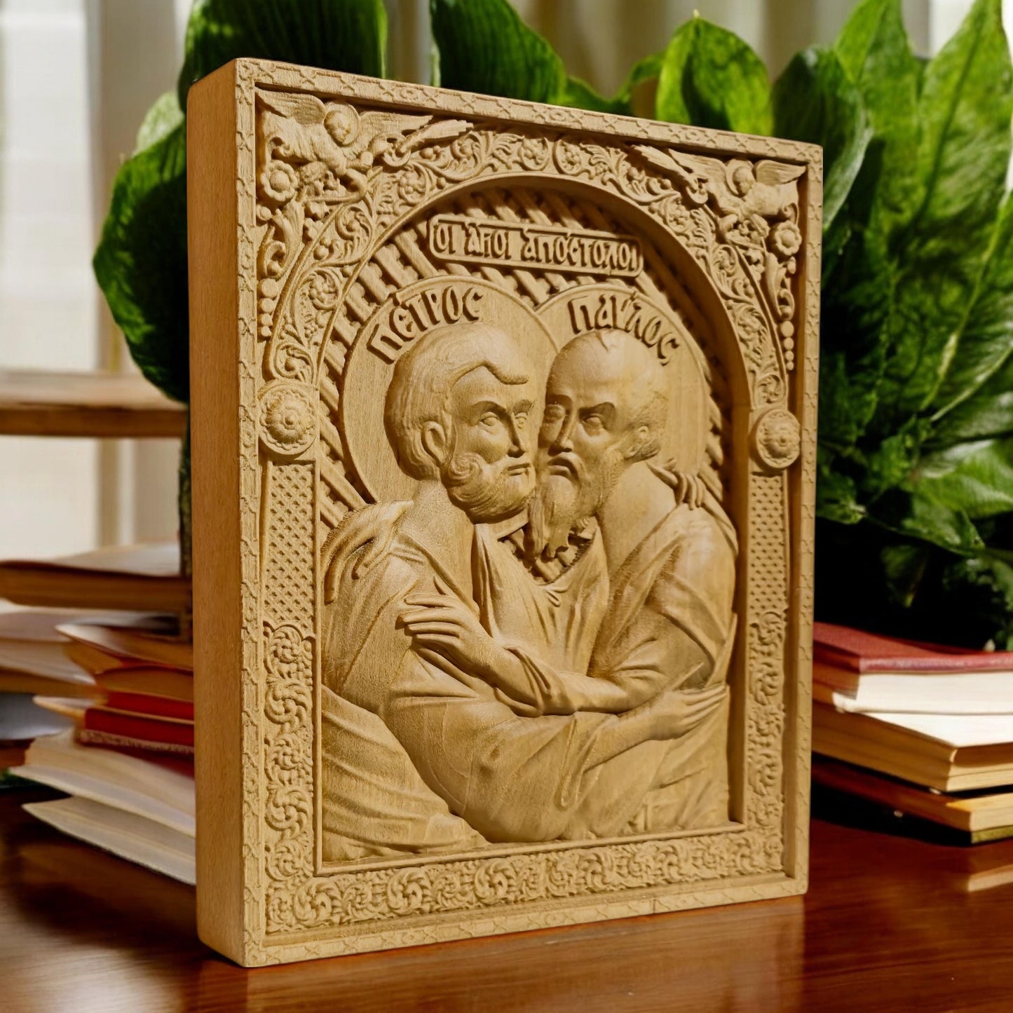 Αpostles Peter and Paul Wooden Carved Handcrafted Christian Religious Icon. Byzantine Home Wall Art Decor Gift. Orthodox Greek Woodcarving Sculpture.