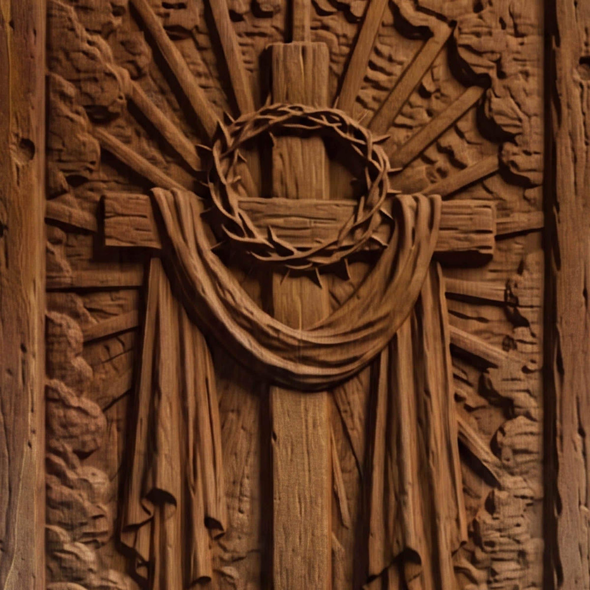 Jesus Christ Cross and Crown of Thorns Wooden Carved Handmade Christian Icon  Byzantine Greek Orthodox Home Art Decor Cretan Holy Carvings