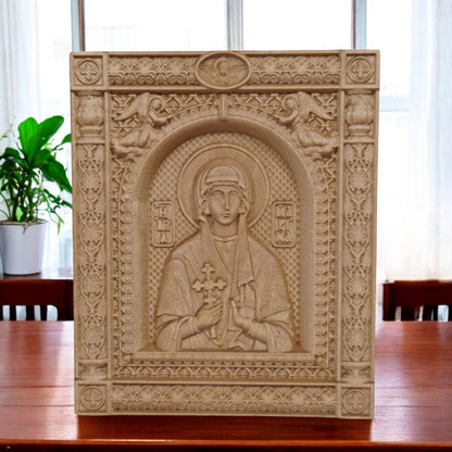 Saint Marina Wooden Carved Handmade Christian Icon. Byzantine Greek Orthodox Home Art Decor.