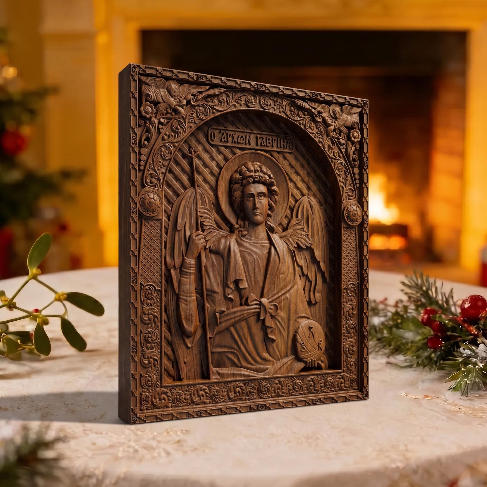 Archangel Gabriel Wooden Carved Handmade Christian Icon | Byzantine Greek Orthodox Home Art Decor
