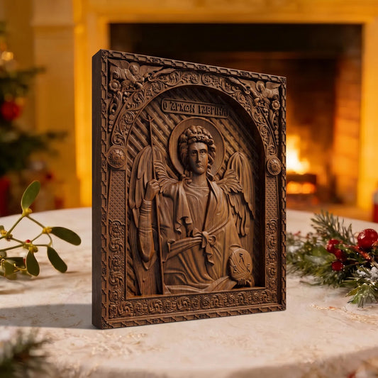 Archangel Gabriel Wooden Carved Handmade Christian Icon | Byzantine Greek Orthodox Home Art Decor