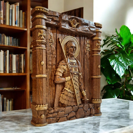 Saint Nikitas Wooden Carved Handcrafted Christian Religious Icon. Byzantine Home Wall Art Decor Gift. Orthodox Greek Woodcarving Sculpture.