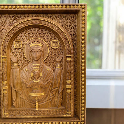 Virgin Mary Fountain of Life Wooden Carved Handcrafted Christian Religious Icon. Byzantine Home Wall Art Decor Gift. Orthodox Greek Woodcarving Sculpture.