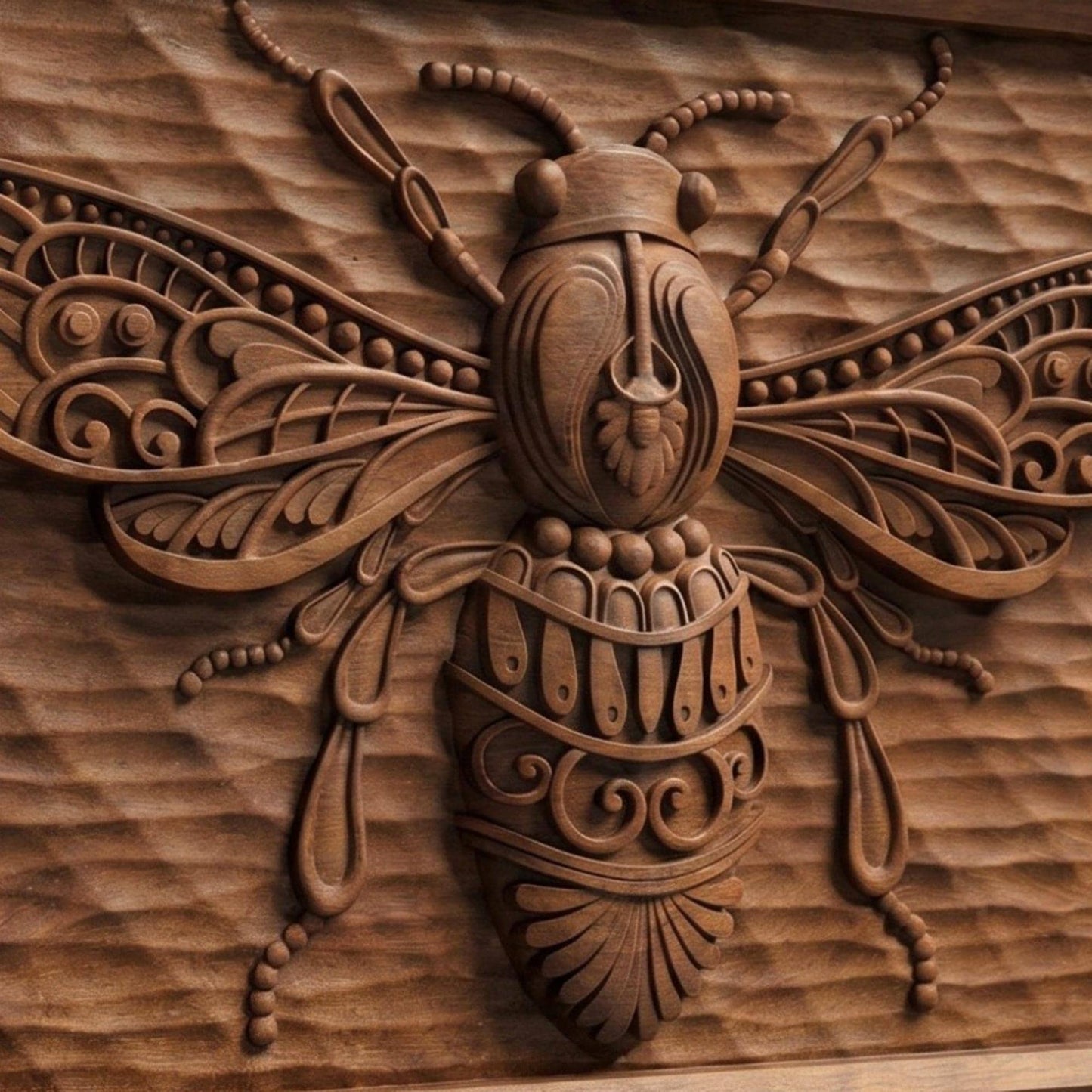 Bee Tribal Framed Bas Relief | Wooden Bee Carving | Sculptural Gift Idea