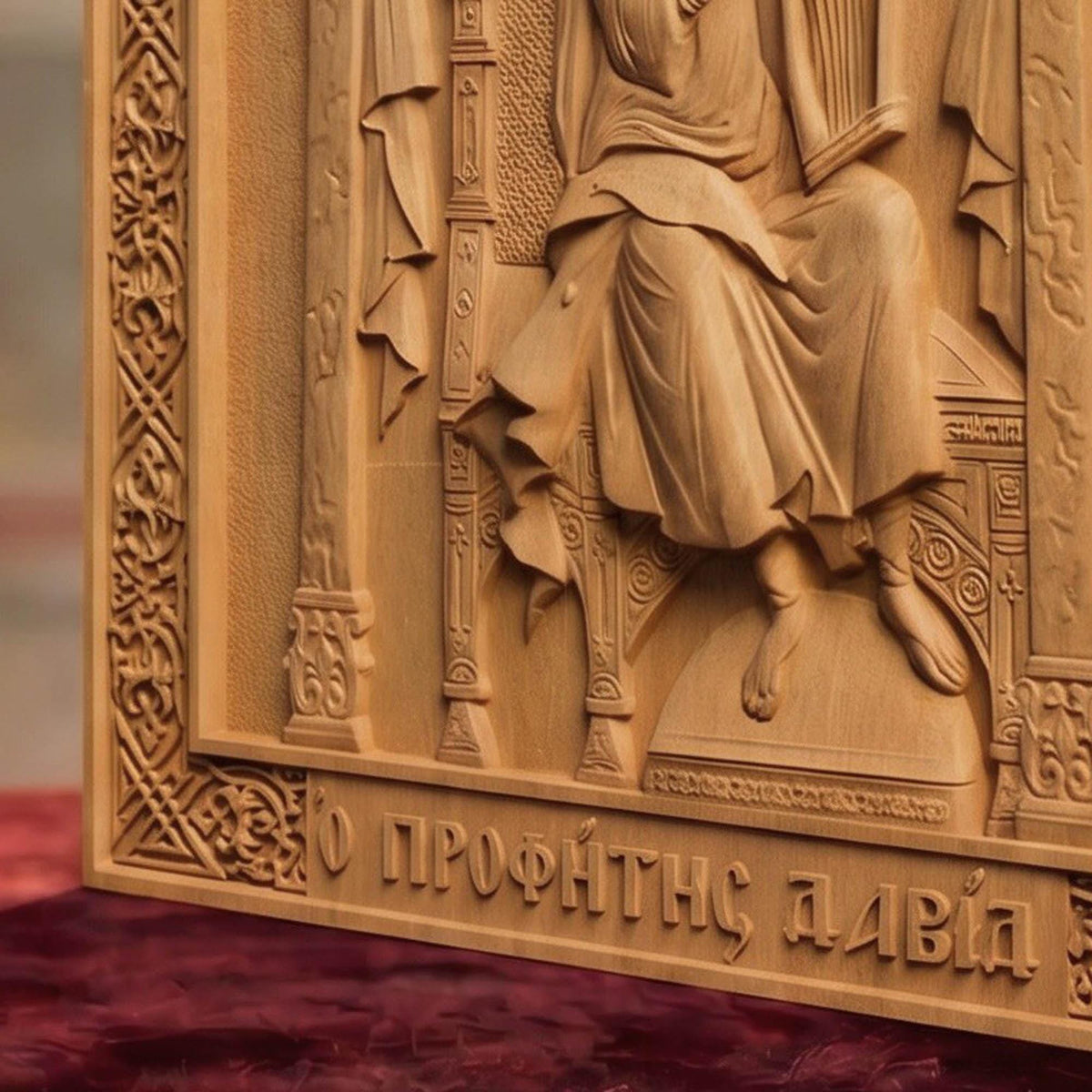 Prophet and King David Wooden Carved Handmade Christian Icon Right Side Natural Wood Color Cretan Holy Carvings