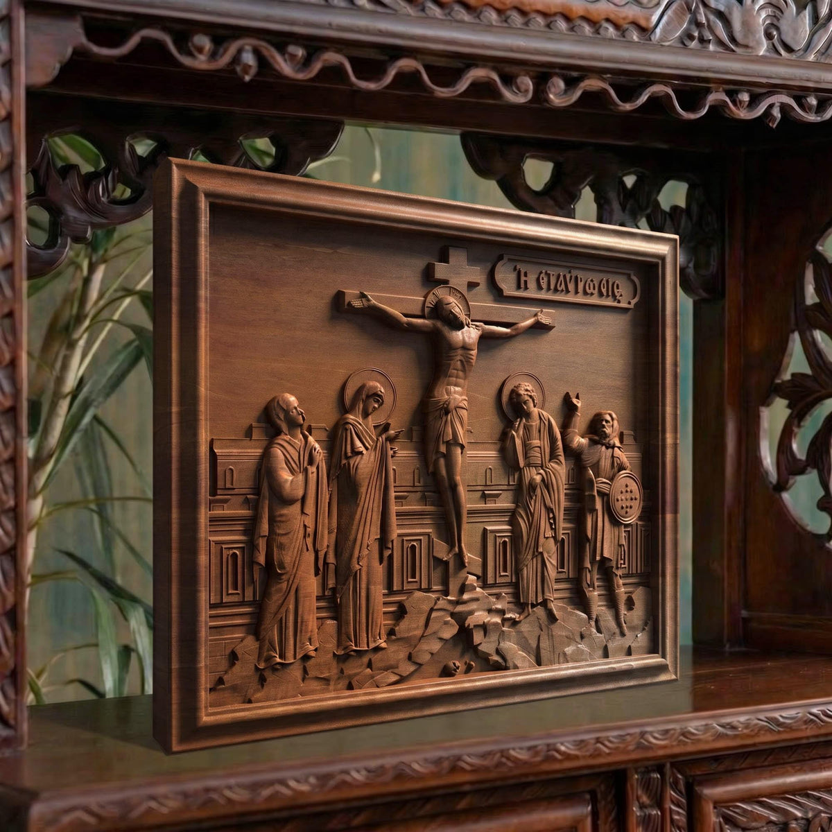 The Crucifixion of Jesus Christ Wooden Carved Handmade Christian Icon | Byzantine Greek Orthodox Home Art Decor