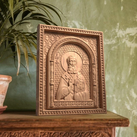 Saint Athanasius of Alexandria Wooden Carved Handcrafted Christian Religious Icon. Byzantine Home Wall Art Decor Gift. Orthodox Greek Woodcarving Sculpture.