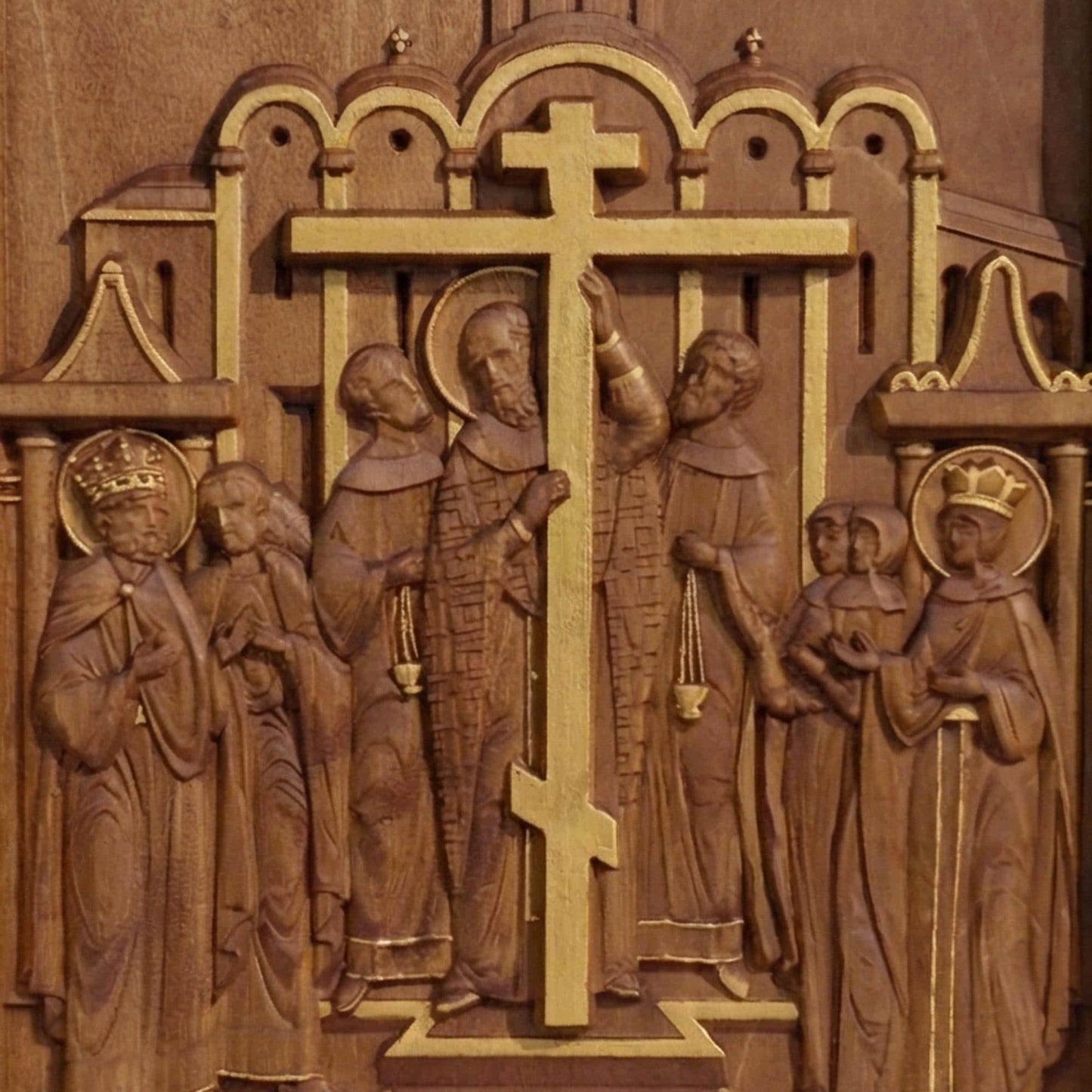 The Elevation of the Holy Cross Wooden Carved Handmade Christian Icon. Byzantine Greek Decor.