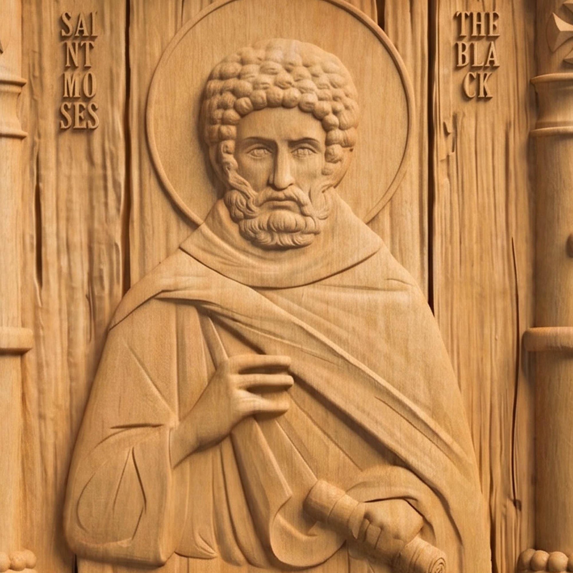 Saint Moses the Black Wooden Carved Handmade Christian Icon Patron Saint of Africa and non-violence Front Side Natural Wood Color Cretan Holy Carvings