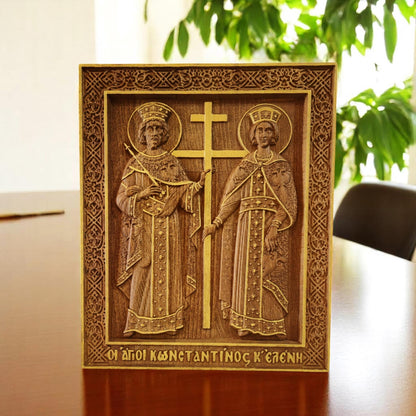 Saints Constantine and Helena Wooden Carved Handcrafted Christian Religious Icon. Byzantine Home Wall Art Decor Gift. Orthodox Greek Woodcarving Sculpture.