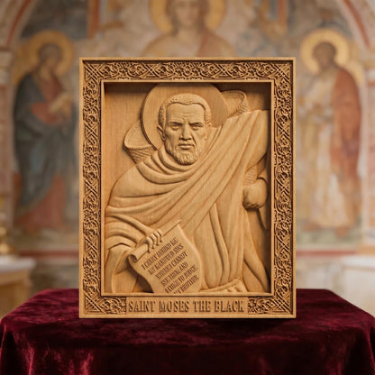 Saint Moses the Black Wooden Carved Handmade Christian Icon Patron Saint of Africa and non-violence Front Side Natural Wood Color Cretan Holy Carvings
