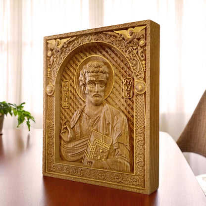 Luke the Evangelist Wooden Carved Handcrafted Christian Religious Icon. Byzantine Home Wall Art Decor Gift. Orthodox Greek Woodcarving Sculpture.