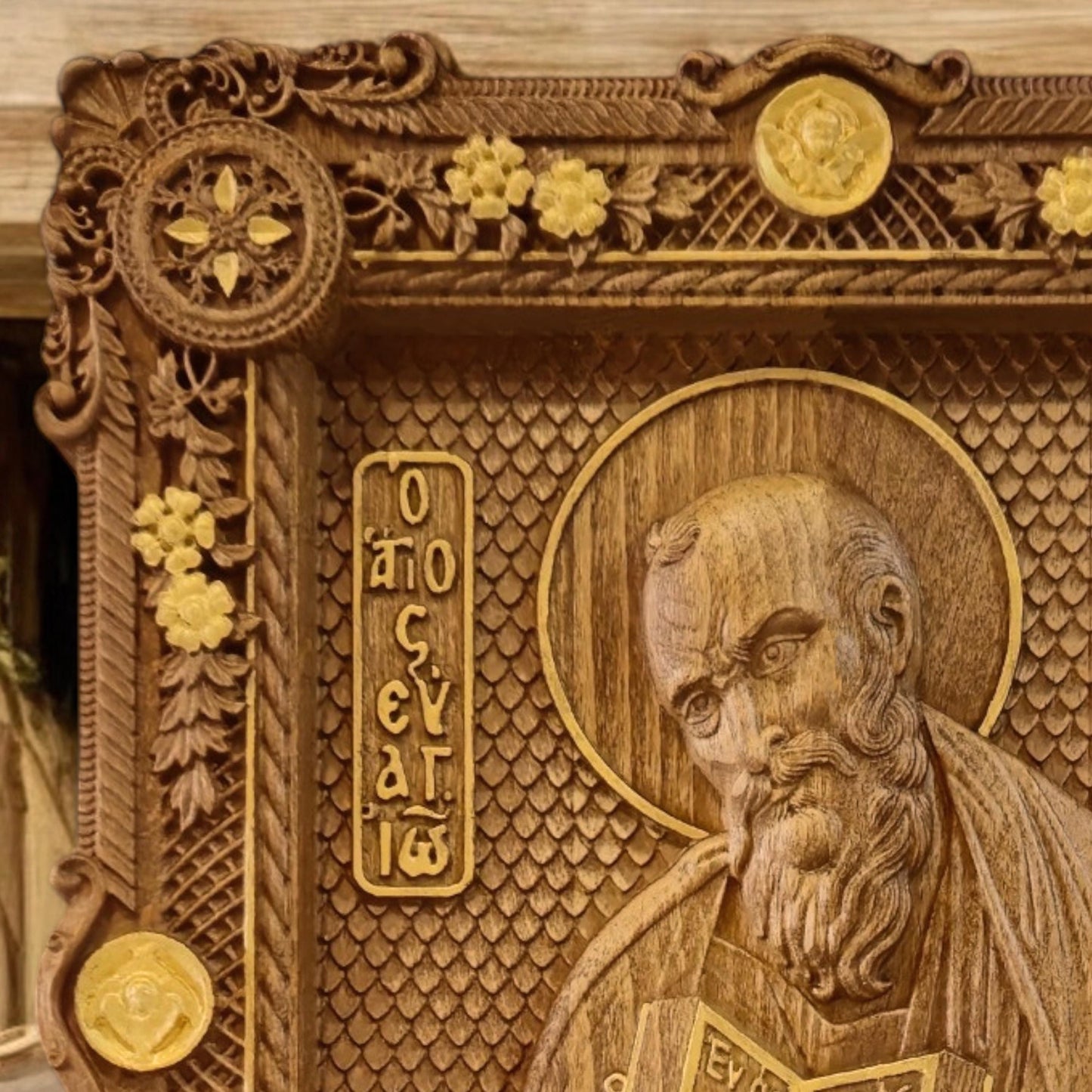 Saint John the Theologian Wooden Carved Handcrafted Christian Religious Icon. Byzantine Home Wall Art Decor Gift. Orthodox Greek Woodcarving Sculpture.