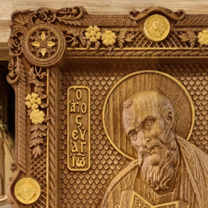 Saint John the Theologian Wooden Carved Handcrafted Christian Religious Icon. Byzantine Home Wall Art Decor Gift. Orthodox Greek Woodcarving Sculpture.