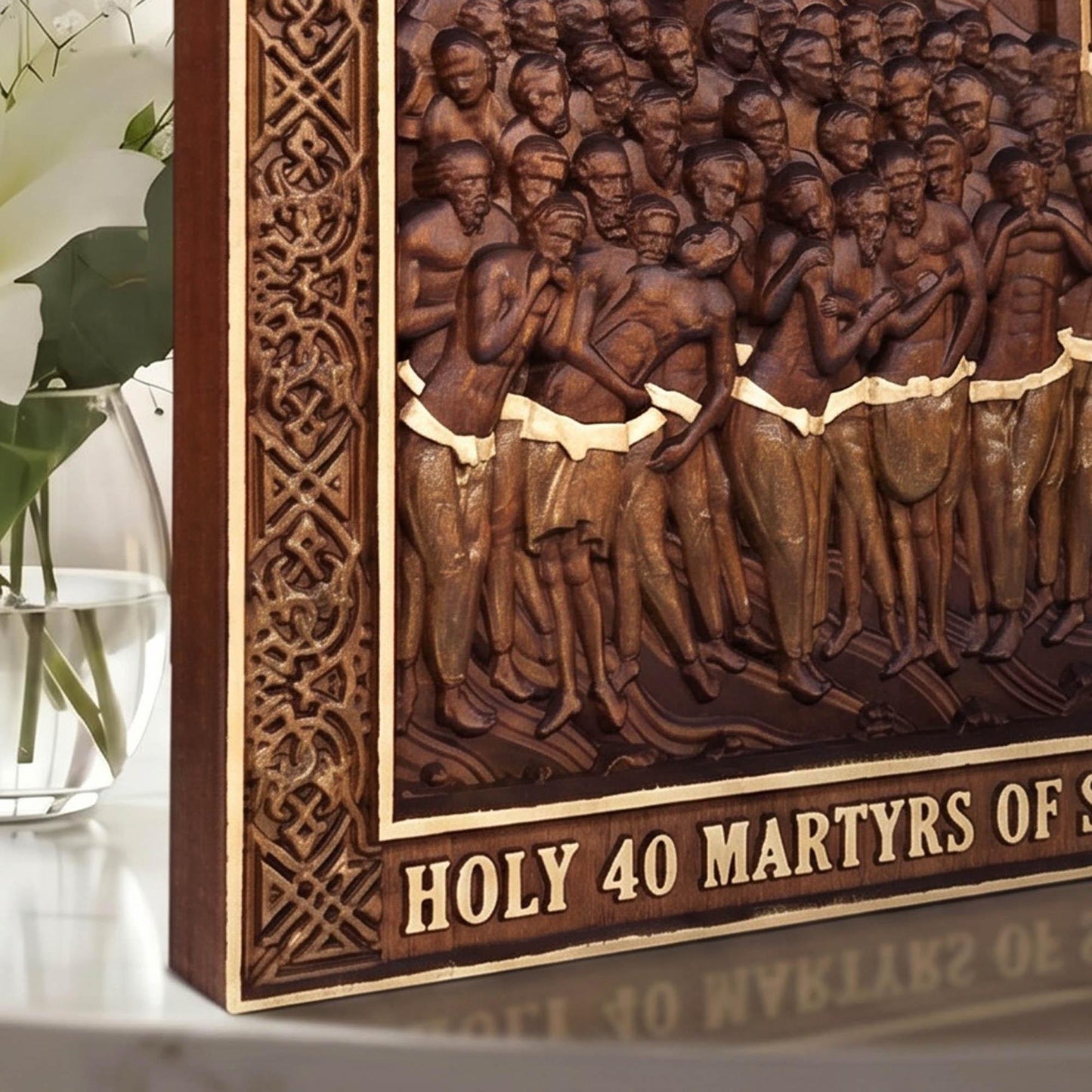 Forty Martyrs of Sebaste Wooden Carved Handmade Christian Icon Left Side Golden Brown Cretan Holy Carvings
