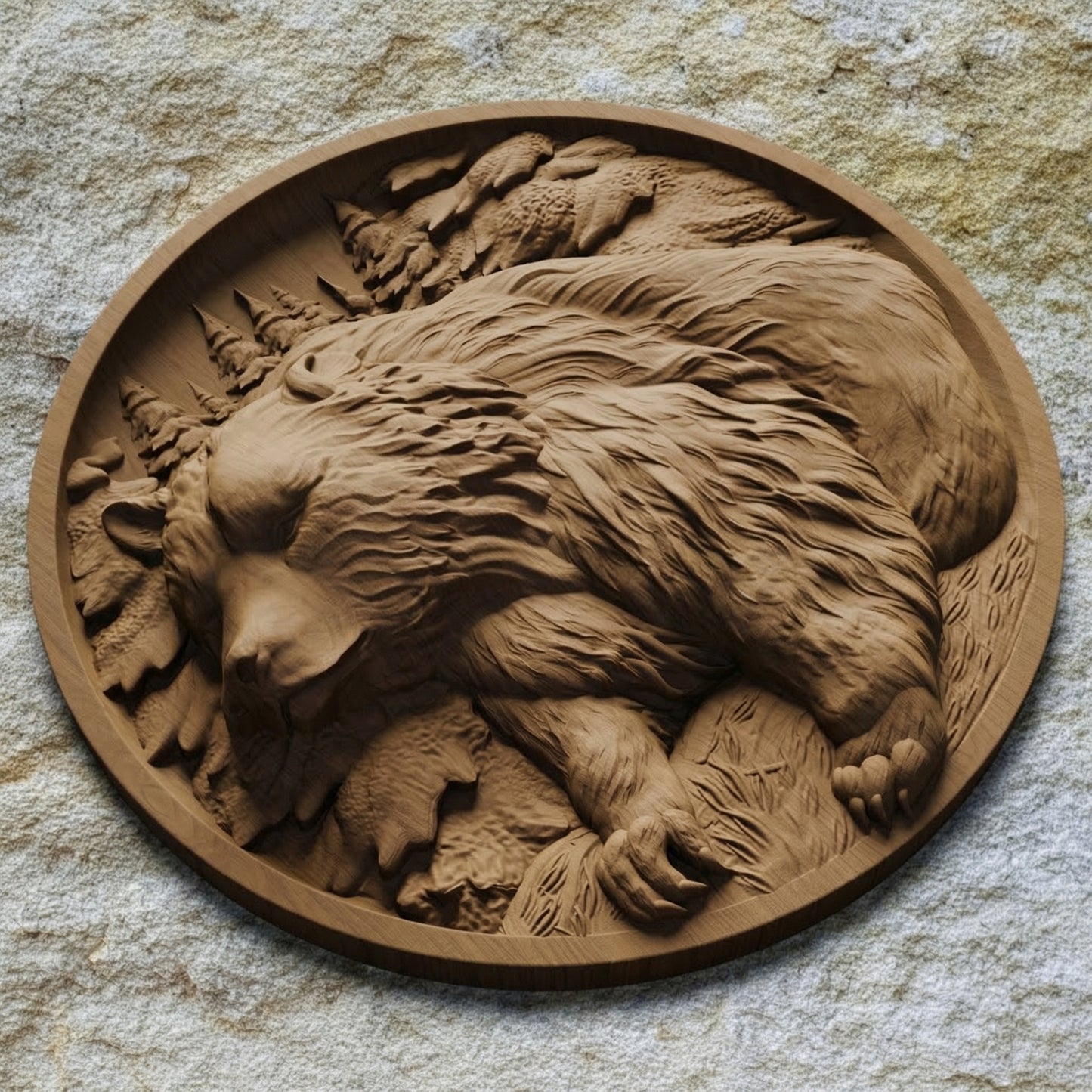Bear in Plate Handmade Wooden Carving. Home Gift Wall Art Nature Decor.